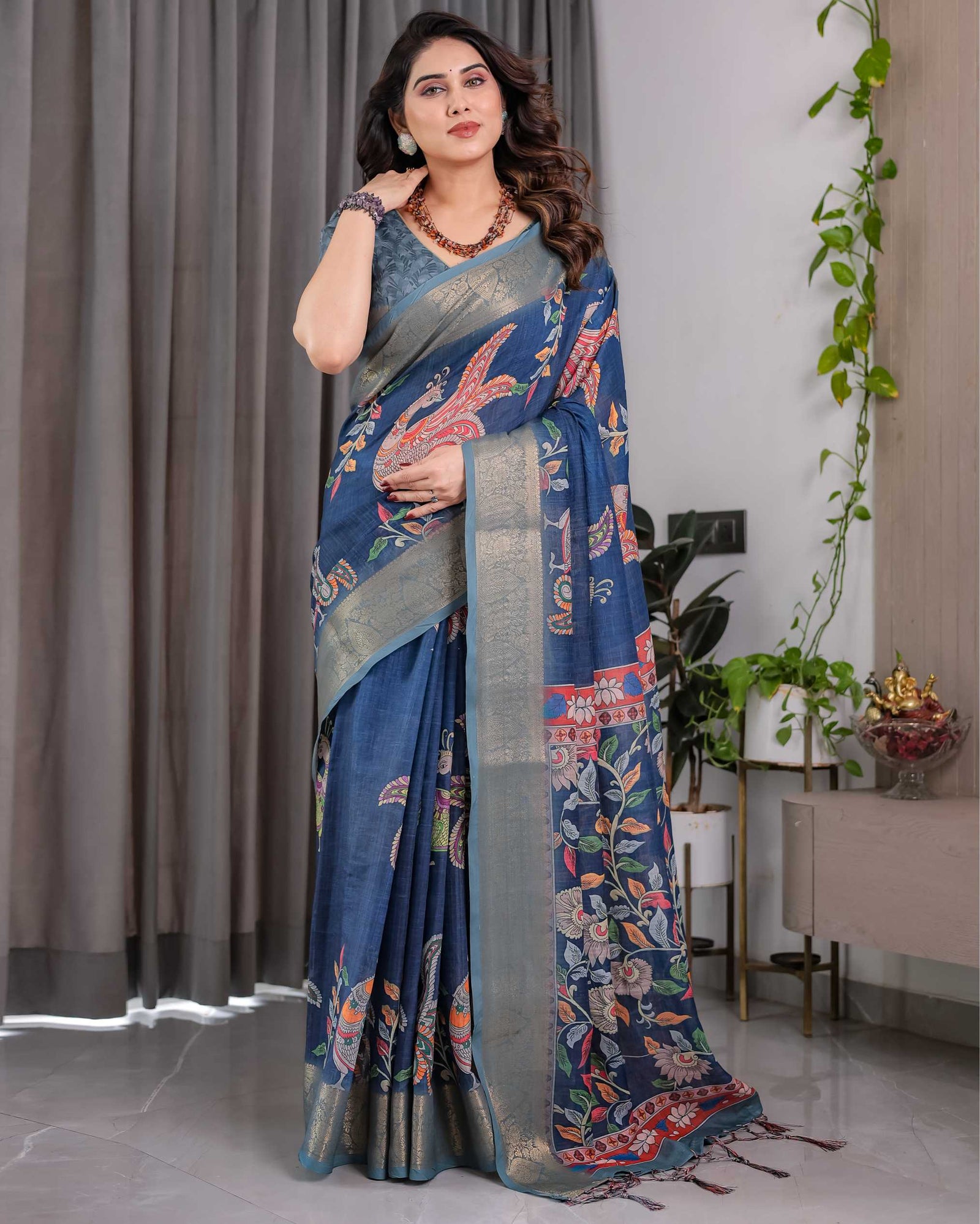 Women's Blue Printed Saree with Elegant Silver Zari Border