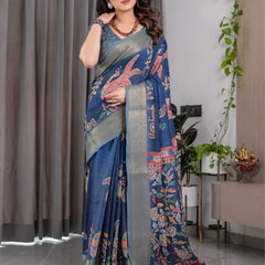 Women's Blue Printed Saree with Elegant Silver Zari Border