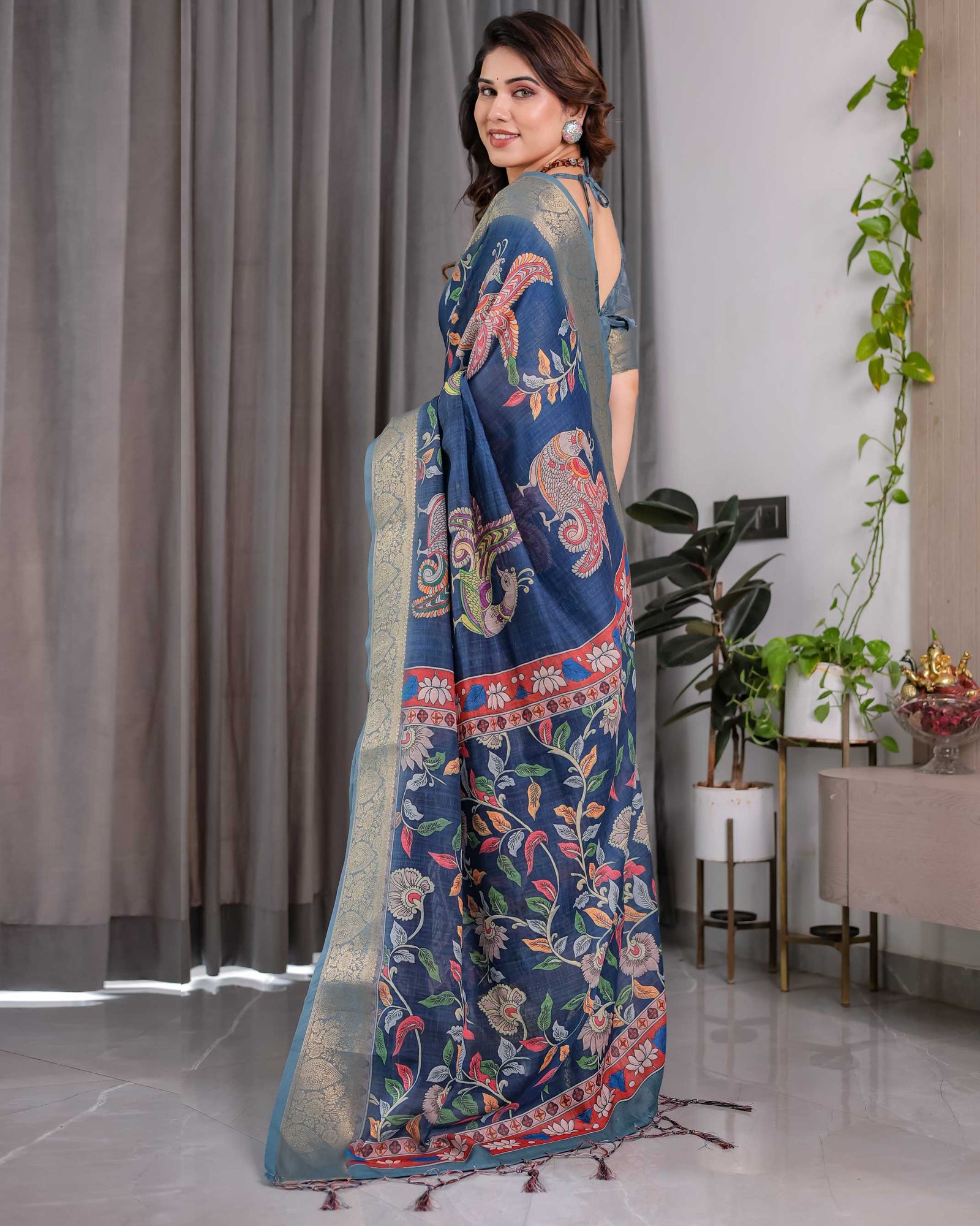 Women's Blue Printed Saree with Elegant Silver Zari Border
