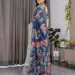 Women's Blue Printed Saree with Elegant Silver Zari Border