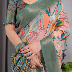 Women's Olive Green Floral Printed Saree with Elegant Zari Border