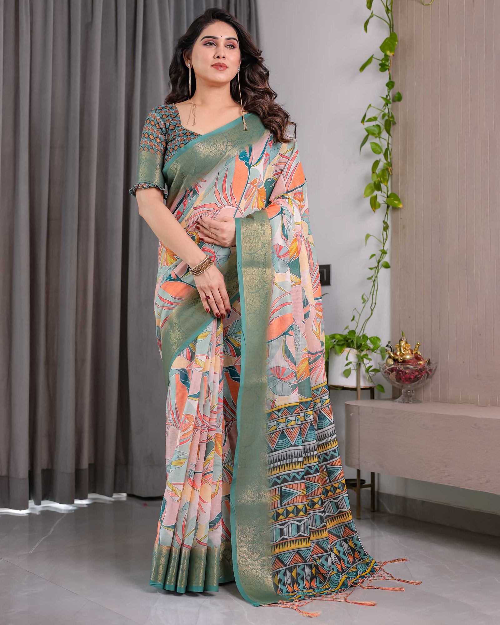 Women's Olive Green Floral Printed Saree with Elegant Zari Border
