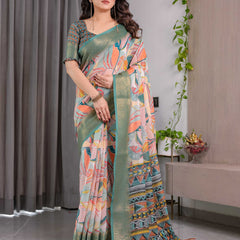 Women's Olive Green Floral Printed Saree with Elegant Zari Border