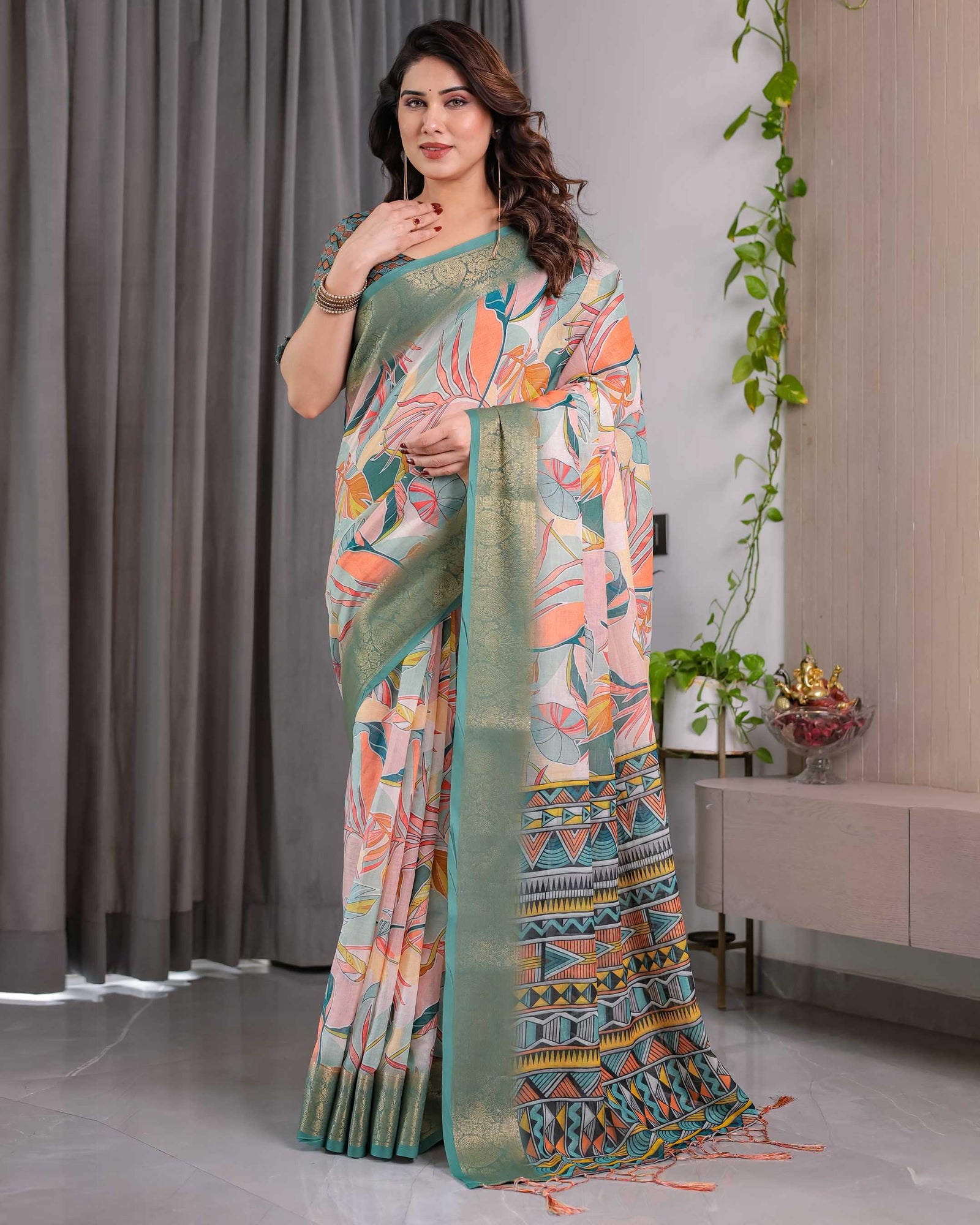Women's Olive Green Floral Printed Saree with Elegant Zari Border