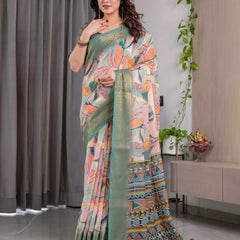 Women's Olive Green Floral Printed Saree with Elegant Zari Border