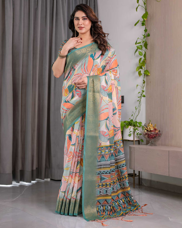 Women's Olive Green Floral Printed Saree with Elegant Zari Border