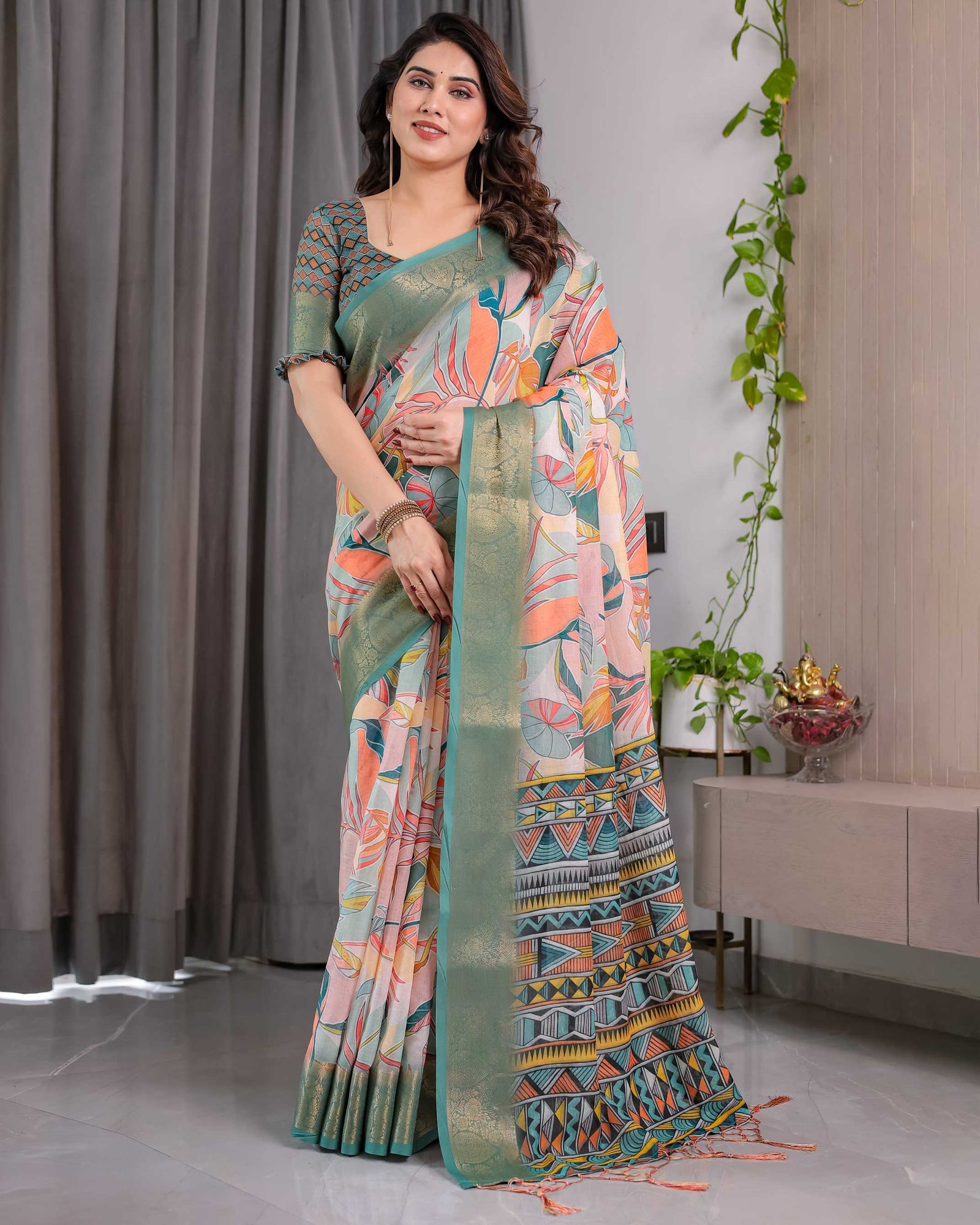 Women's Olive Green Floral Printed Saree with Elegant Zari Border