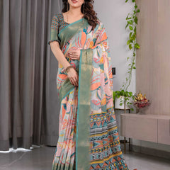 Women's Olive Green Floral Printed Saree with Elegant Zari Border