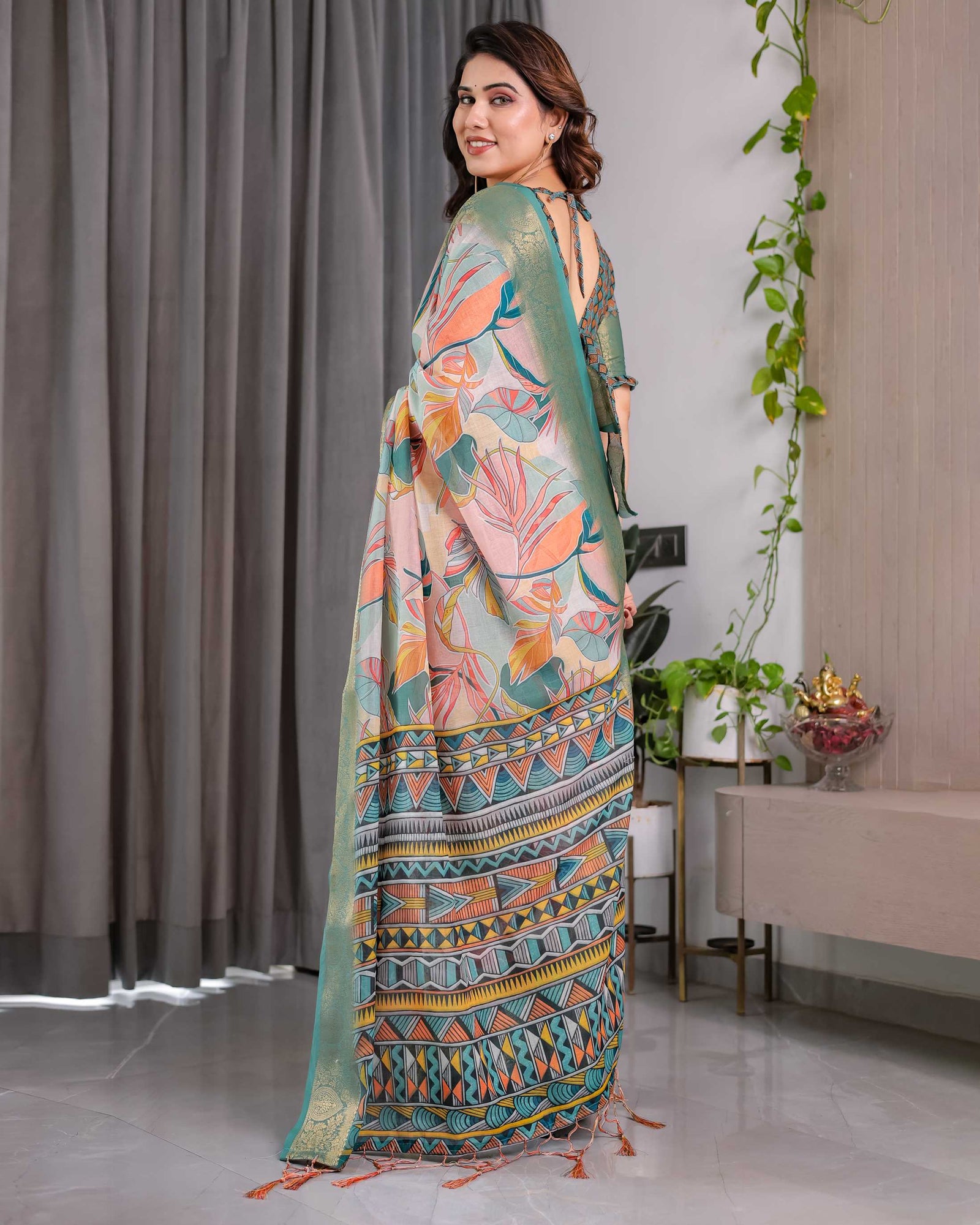 Women's Olive Green Floral Printed Saree with Elegant Zari Border