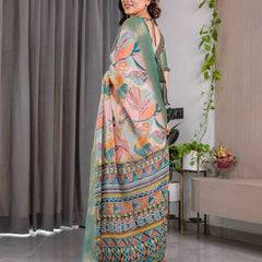Women's Olive Green Floral Printed Saree with Elegant Zari Border
