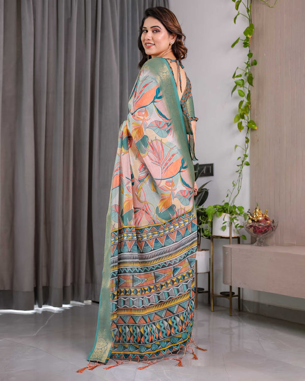 Women's Olive Green Floral Printed Saree with Elegant Zari Border