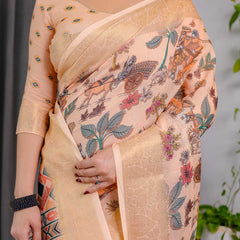 Cream Printed Linen Saree with Rich Woven Border