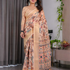 Cream Printed Linen Saree with Rich Woven Border