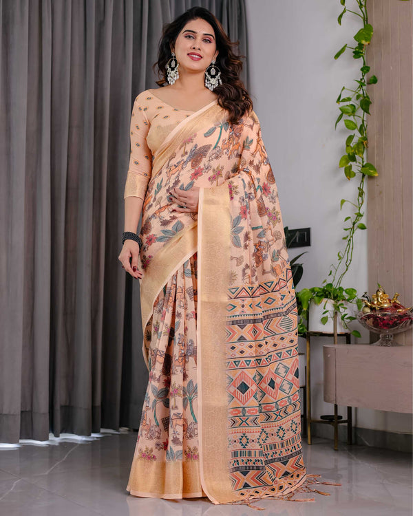 Cream Printed Linen Saree with Rich Woven Border