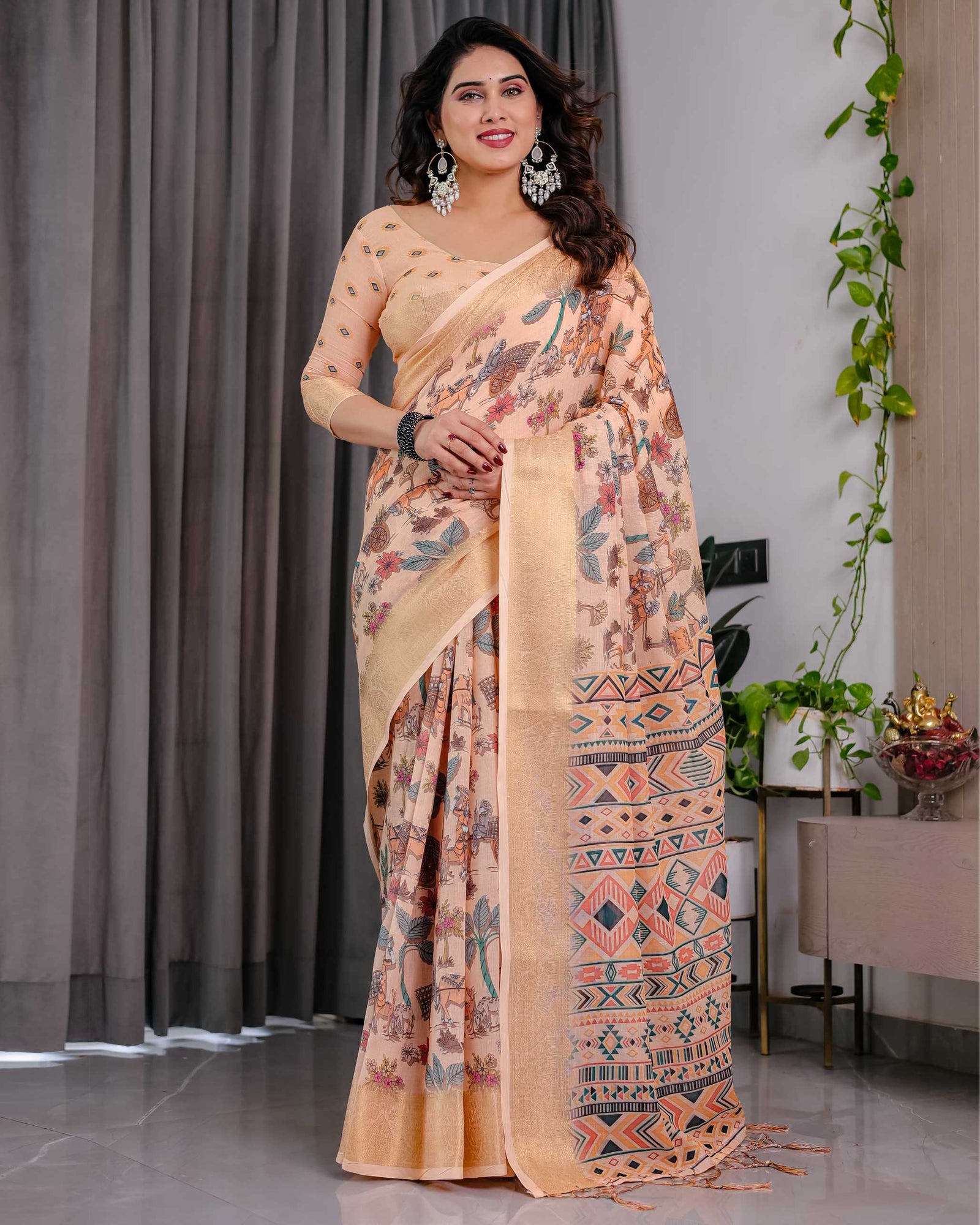 Cream Printed Linen Saree with Rich Woven Border