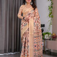 Cream Printed Linen Saree with Rich Woven Border