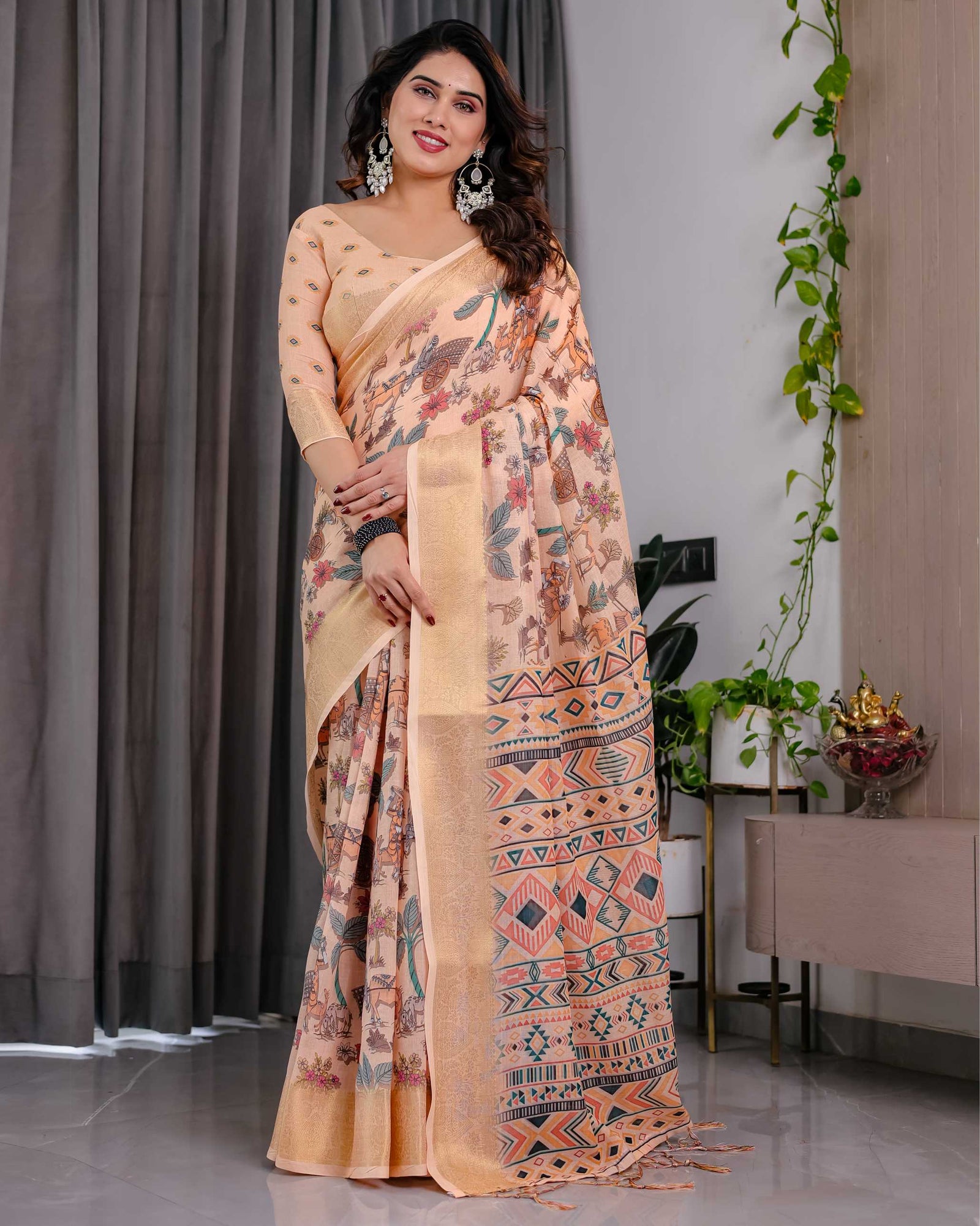 Cream Printed Linen Saree with Rich Woven Border
