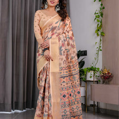 Cream Printed Linen Saree with Rich Woven Border