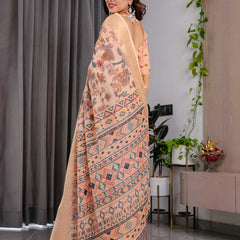 Cream Printed Linen Saree with Rich Woven Border