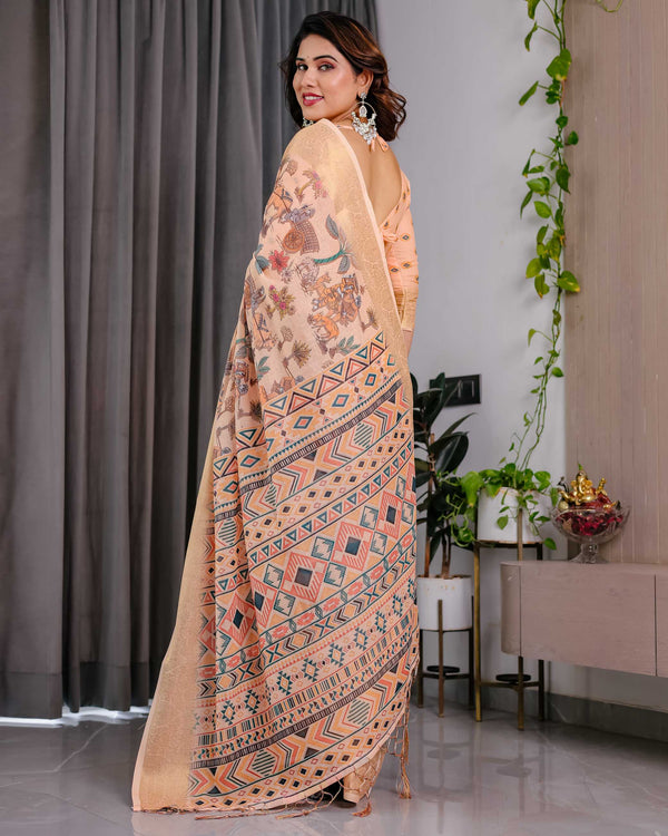 Cream Printed Linen Saree with Rich Woven Border