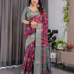 Purple Floral Printed Linen Saree with Silver Zari Border