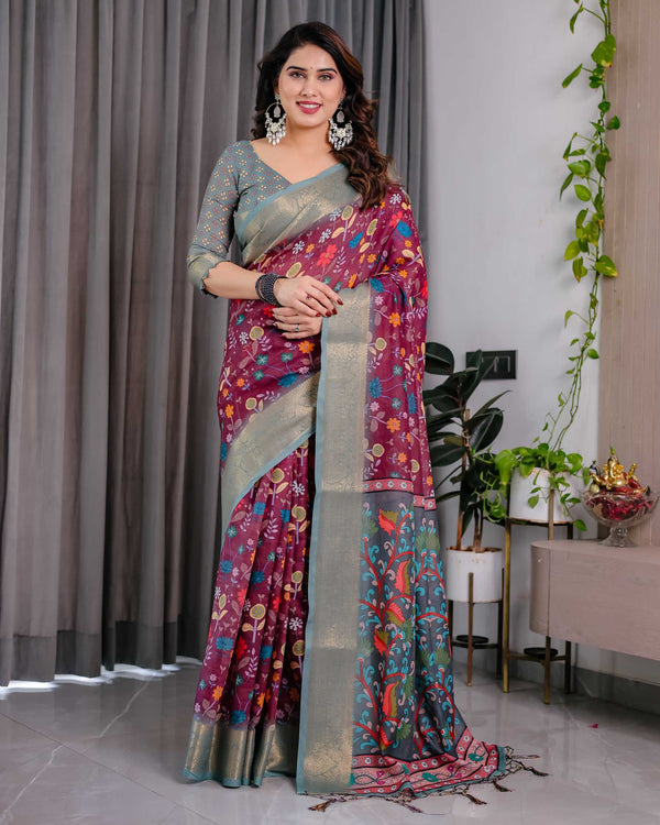Purple Floral Printed Linen Saree with Silver Zari Border