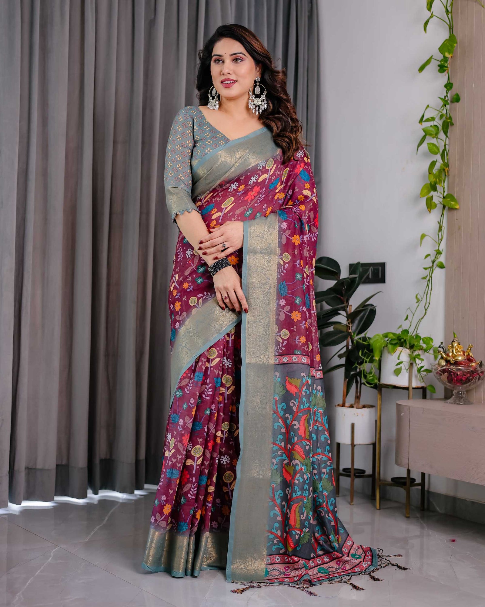 Purple Floral Printed Linen Saree with Silver Zari Border