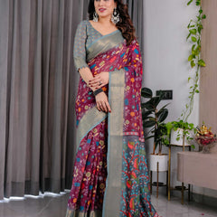 Purple Floral Printed Linen Saree with Silver Zari Border