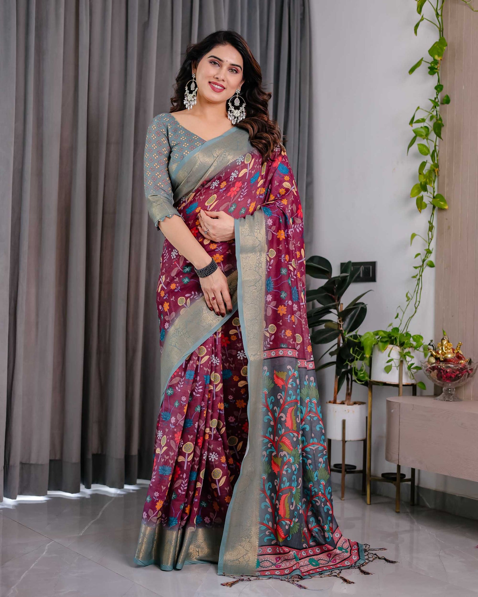 Purple Floral Printed Linen Saree with Silver Zari Border