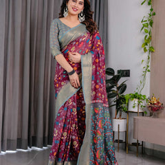 Purple Floral Printed Linen Saree with Silver Zari Border