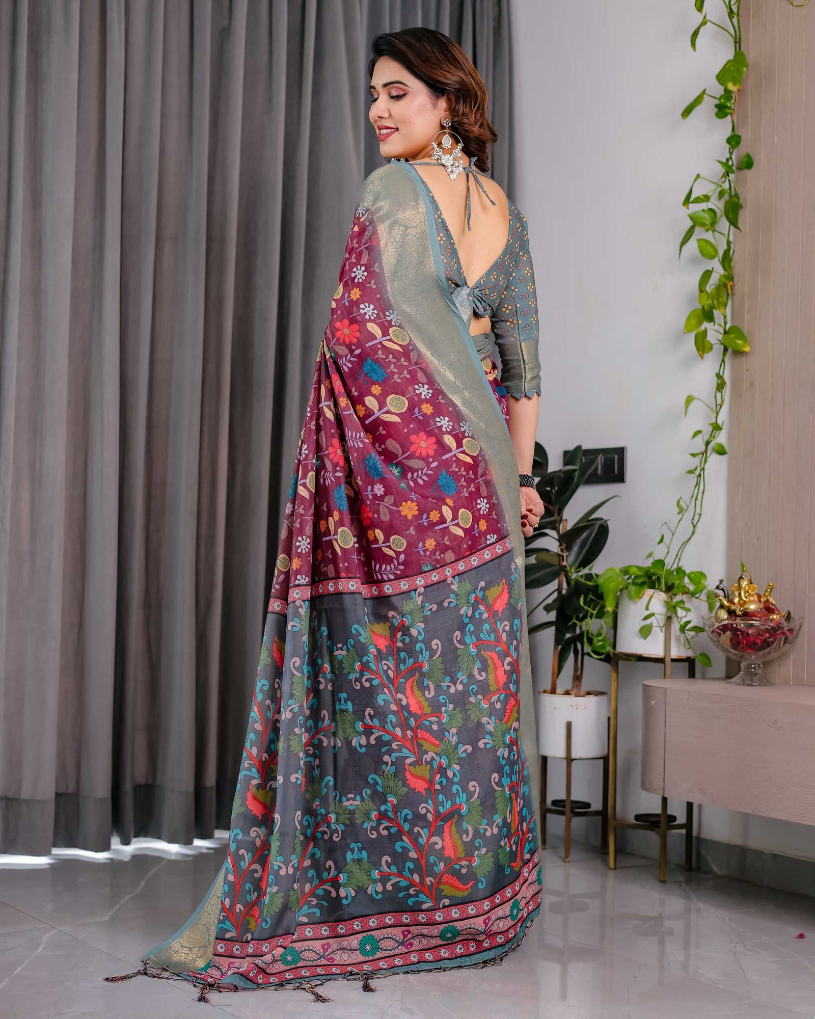 Purple Floral Printed Linen Saree with Silver Zari Border