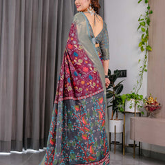 Purple Floral Printed Linen Saree with Silver Zari Border