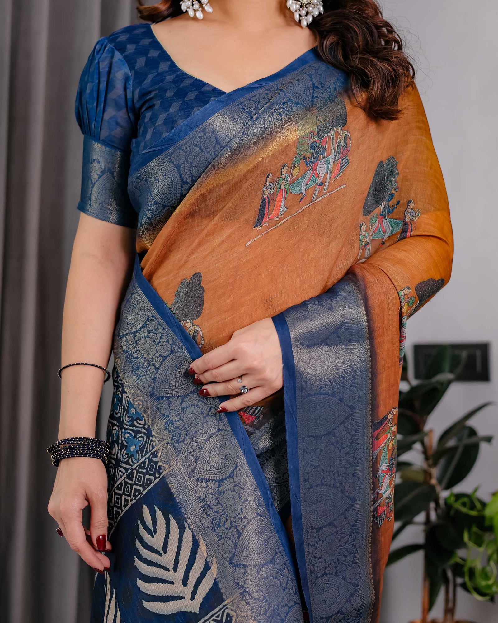 Brown & Navy Blue Printed Designer Saree with Woven Border
