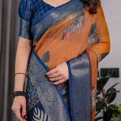 Brown & Navy Blue Printed Designer Saree with Woven Border