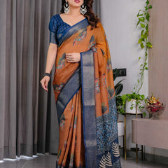 Brown & Navy Blue Printed Designer Saree with Woven Border