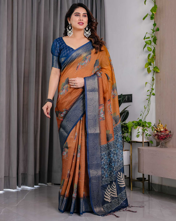 Brown & Navy Blue Printed Designer Saree with Woven Border