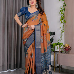 Brown & Navy Blue Printed Designer Saree with Woven Border