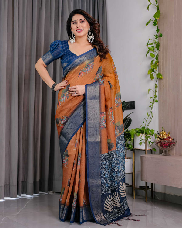 Brown & Navy Blue Printed Designer Saree with Woven Border