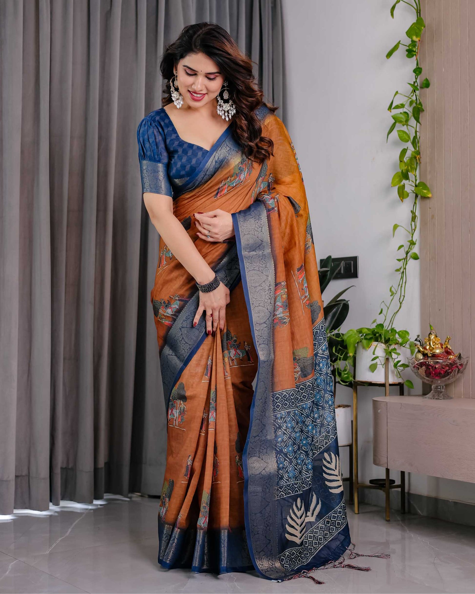 Brown & Navy Blue Printed Designer Saree with Woven Border