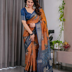 Brown & Navy Blue Printed Designer Saree with Woven Border