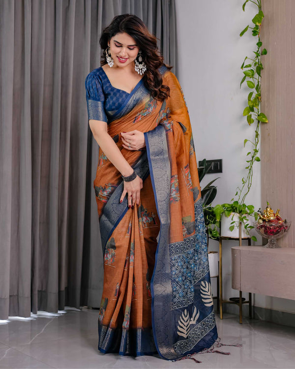 Brown & Navy Blue Printed Designer Saree with Woven Border