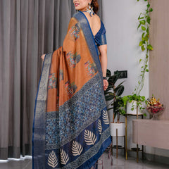 Brown & Navy Blue Printed Designer Saree with Woven Border