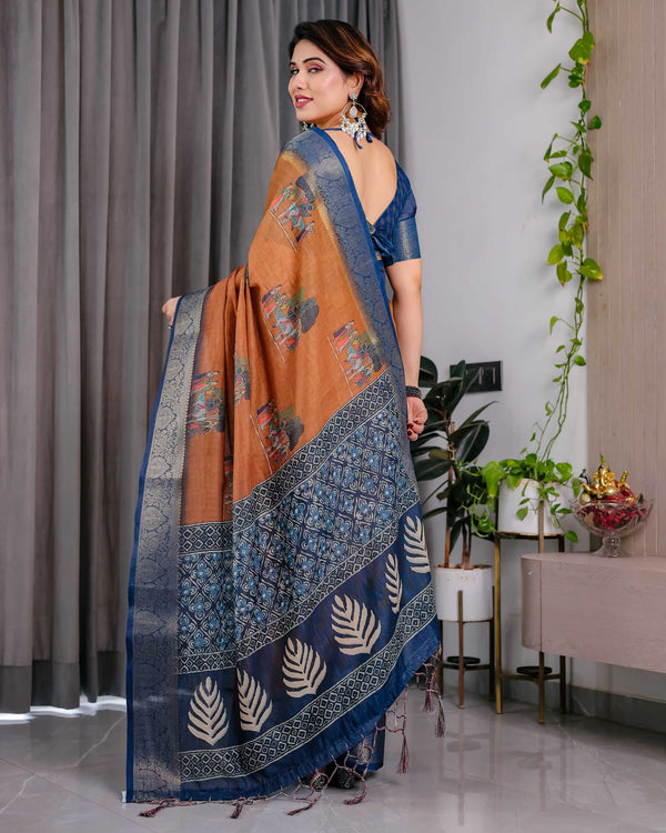 Brown & Navy Blue Printed Designer Saree with Woven Border