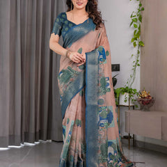 Morpich Blue Printed Designer Saree with Woven Border