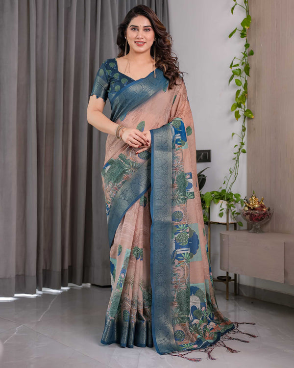 Morpich Blue Printed Designer Saree with Woven Border