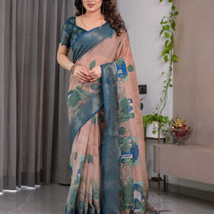 Morpich Blue Printed Designer Saree with Woven Border
