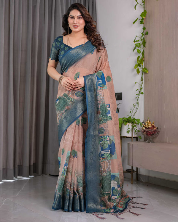 Morpich Blue Printed Designer Saree with Woven Border