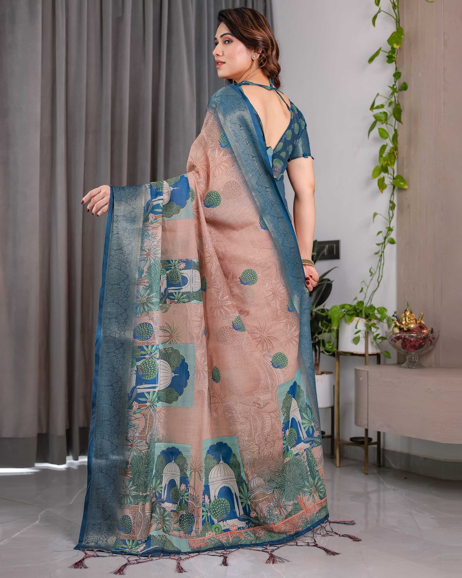 Morpich Blue Printed Designer Saree with Woven Border