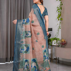 Morpich Blue Printed Designer Saree with Woven Border