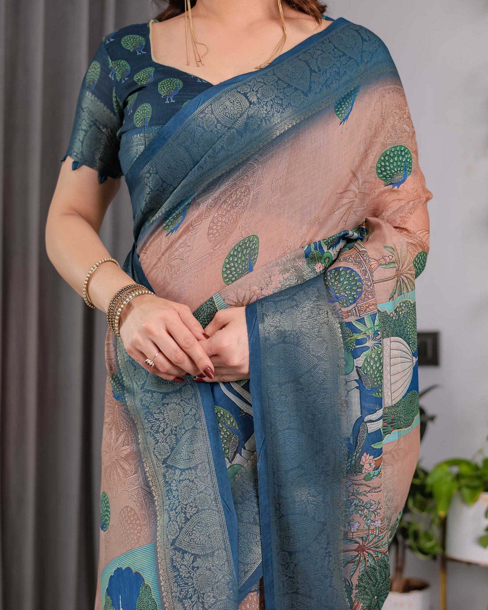 Morpich Blue Printed Designer Saree with Woven Border